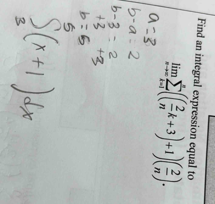 find an integral expression equal to lim(n→∞) σ(k = 1 to n) ((-2/k + 3)+1)/(-2/n).
