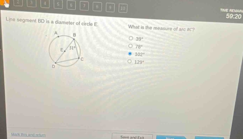 line segment bd is a diameter of circle e. what is the measure of arc bc? 39° 78° 102° 129°