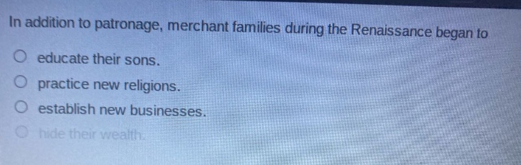 in addition to patronage, merchant families during the renaissance began to\no educate their sons.\no practice new religions.\no establish new businesses.\no hide their wealth.