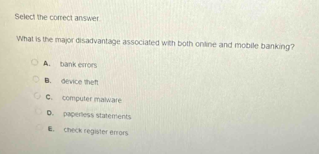 select the correct answer. what is the major disadvantage associated with both online and mobile banking? a. bank errors b. device theft c. computer malware d. paperless statements e. check register errors