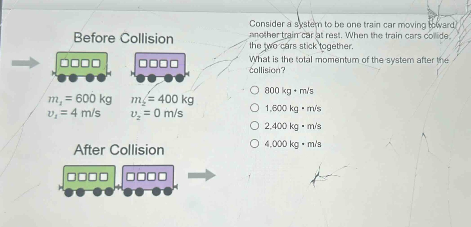 consider a system to be one train car moving toward another train car at rest. when the train cars collide, the two cars stick together. what is the total momentum of the system after the collision? 800 kg·m/s 1,600 kg·m/s 2,400 kg·m/s 4,000 kg·m/s m1 = 600 kg v1 = 4 m/s m2 = 400 kg v2 = 0 m/s before collision after collision
