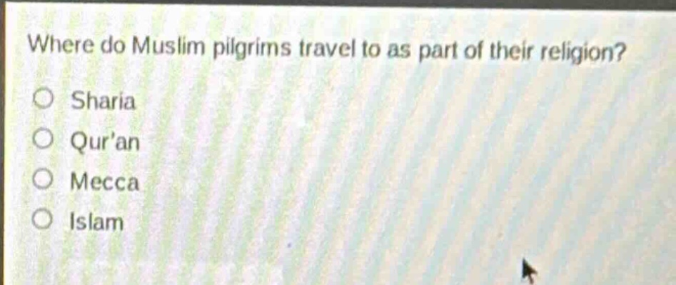 where do muslim pilgrims travel to as part of their religion?\nsharia\nquran\nmecca\nislam