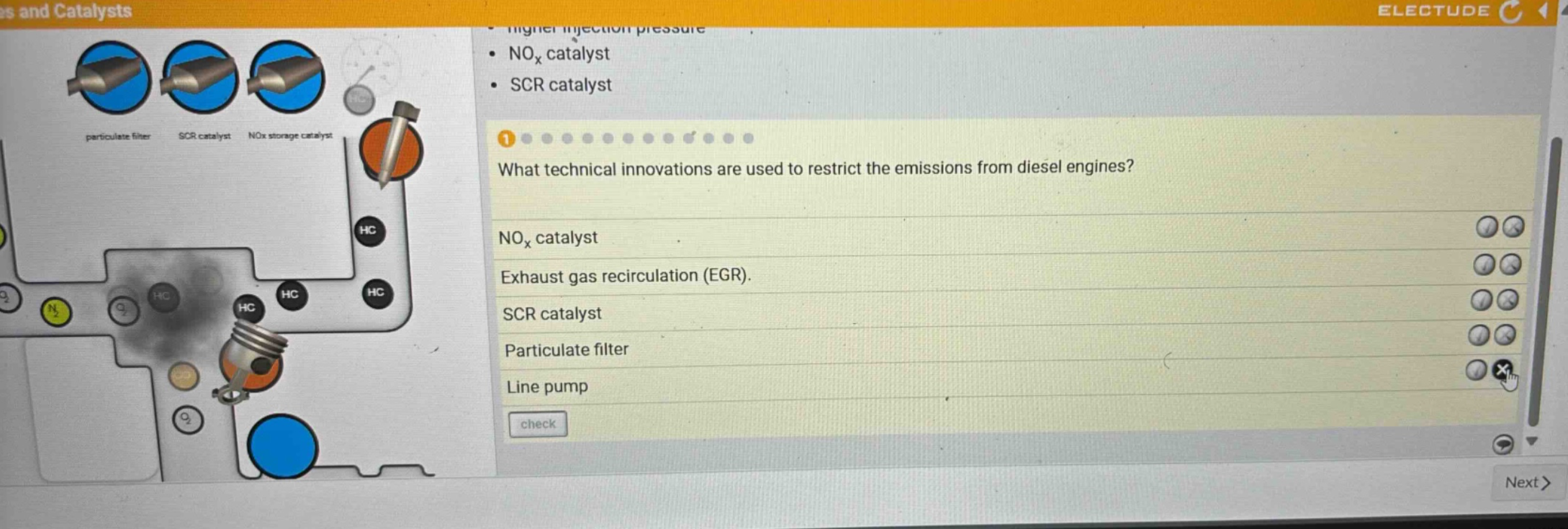 what technical innovations are used to restrict the emissions from diesel engines?\nnoₓ catalyst\nexhaust gas recirculation (egr).\nscr catalyst\nparticulate filter\nline pump