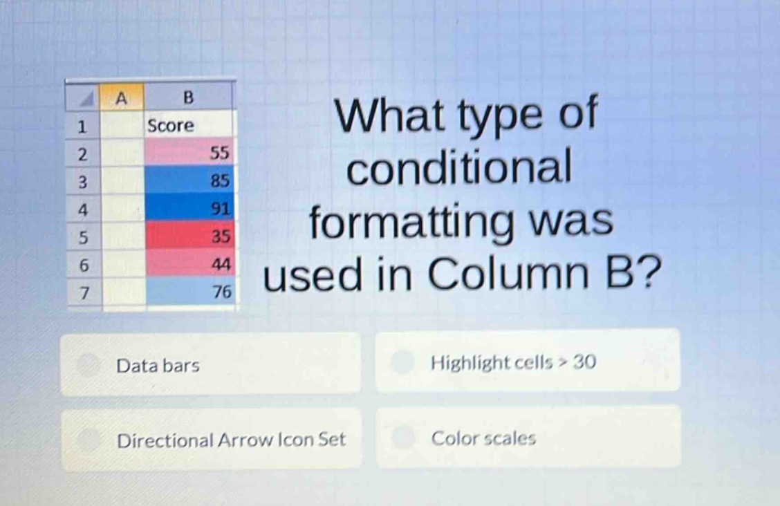 what type of conditional formatting was used in column b? data bars highlight cells > 30 directional arrow icon set color scales