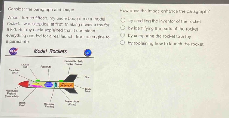 consider the paragraph and image. when i turned fifteen, my uncle bought me a model rocket. i was skeptical at first, thinking it was a toy for a kid. but my uncle explained that it contained everything needed for a real launch, from an engine to a parachute. how does the image enhance the paragraph? by crediting the inventor of the rocket by identifying the parts of the rocket by comparing the rocket to a toy by explaining how to launch the rocket model rockets nasa launch lug parachute line nose cone payload (removable) shock cord parachute removable solid rocket engine engine mount (fixed) recovery wadding fins body tube