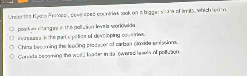 under the kyoto protocol, developed countries took on a bigger share of limits, which led to\npositive changes in the pollution levels worldwide.\nincreases in the participation of developing countries.\nchina becoming the leading producer of carbon dioxide emissions.\ncanada becoming the world leader in its lowered levels of pollution.