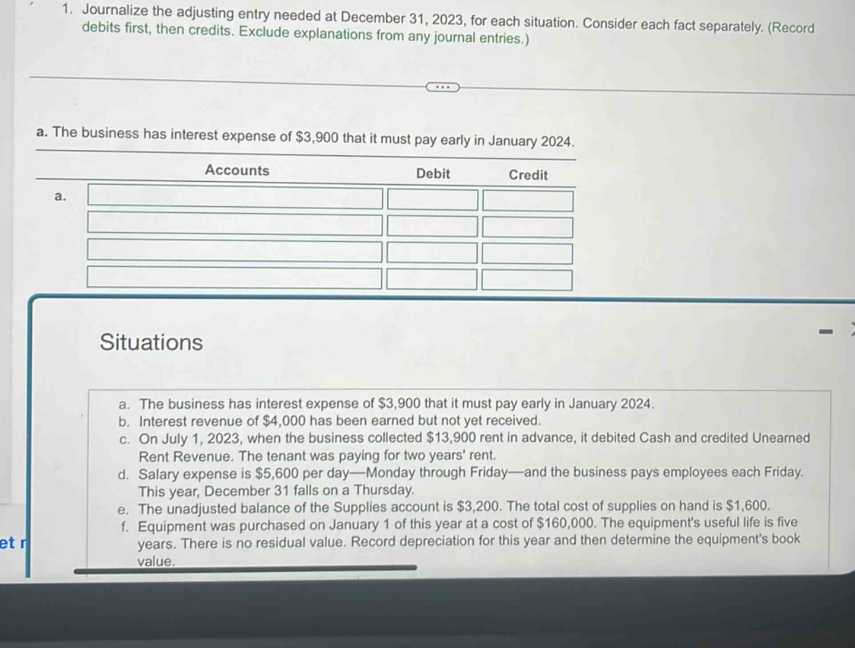 1. journalize the adjusting entry needed at december 31, 2023, for each situation. consider each fact separately. (record debits first, then credits. exclude explanations from any journal entries.) a. the business has interest expense of $3,900 that it must pay early in january 2024. accounts debit credit a. situations a. the business has interest expense of $3,900 that it must pay early in january 2024. b. interest revenue of $4,000 has been earned but not yet received. c. on july 1, 2023, when the business collected $13,900 rent in advance, it debited cash and credited unearned rent revenue. the tenant was paying for two years rent. d. salary expense is $5,600 per day—monday through friday—and the business pays employees each friday. this year, december 31 falls on a thursday. e. the unadjusted balance of the supplies account is $3,200. the total cost of supplies on hand is $1,600. f. equipment was purchased on january 1 of this year at a cost of $160,000. the equipments useful life is five years. there is no residual value. record depreciation for this year and then determine the equipments book value.