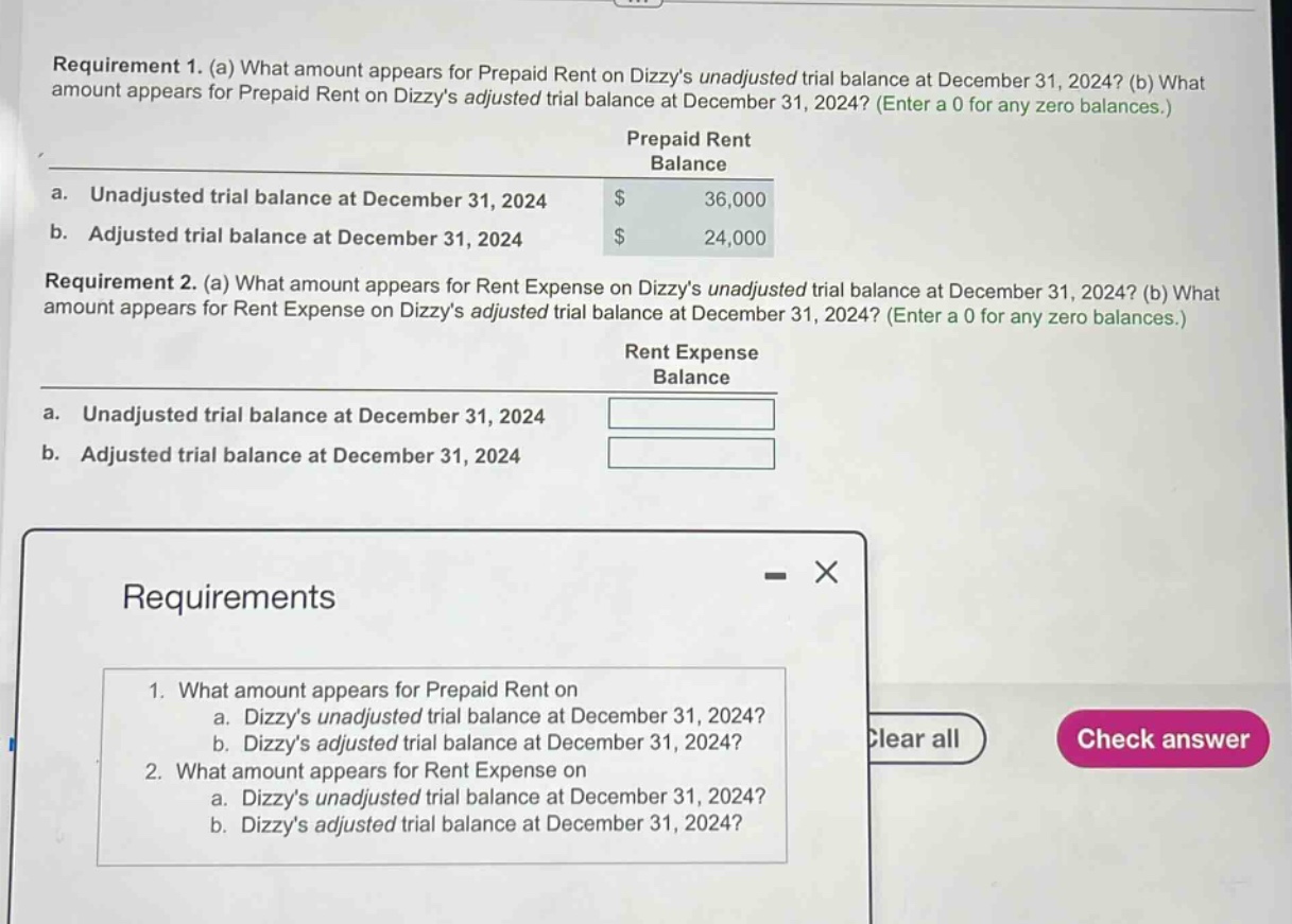 requirement 1. (a) what amount appears for prepaid rent on dizzys unadjusted trial balance at december 31, 2024? (b) what amount appears for prepaid rent on dizzys adjusted trial balance at december 31, 2024? (enter a 0 for any zero balances.) prepaid rent balance a. unadjusted trial balance at december 31, 2024 $ 36,000 b. adjusted trial balance at december 31, 2024 $ 24,000 requirement 2. (a) what amount appears for rent expense on dizzys unadjusted trial balance at december 31, 2024? (b) what amount appears for rent expense on dizzys adjusted trial balance at december 31, 2024? (enter a 0 for any zero balances.) rent expense balance a. unadjusted trial balance at december 31, 2024 b. adjusted trial balance at december 31, 2024 requirements 1. what amount appears for prepaid rent on a. dizzys unadjusted trial balance at december 31, 2024? b. dizzys adjusted trial balance at december 31, 2024? 2. what amount appears for rent expense on a. dizzys unadjusted trial balance at december 31, 2024? b. dizzys adjusted trial balance at december 31, 2024?