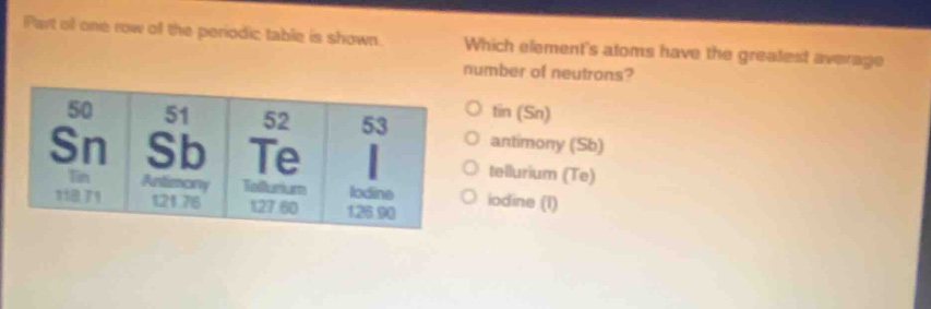 part of one row of the periodic table is shown. which elements atoms have the greatest average number of neutrons? 50 sn tin 118.71 51 sb antimony 121.76 52 te tellurium 127.60 53 i iodine 126.90 o tin (sn) o antimony (sb) o tellurium (te) o iodine (i)