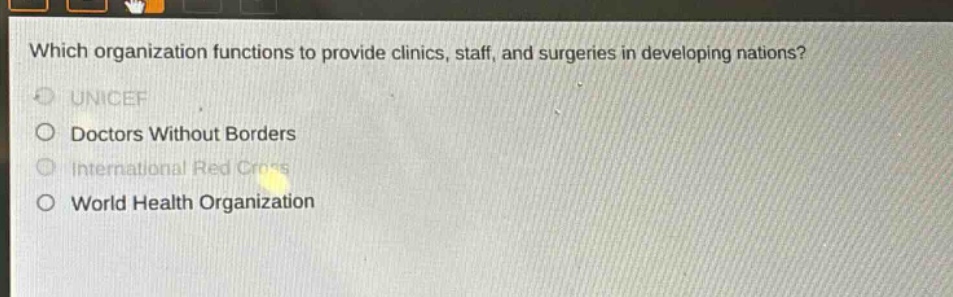 which organization functions to provide clinics, staff, and surgeries in developing nations?\nunicef\ndoctors without borders\ninternational red cross\nworld health organization