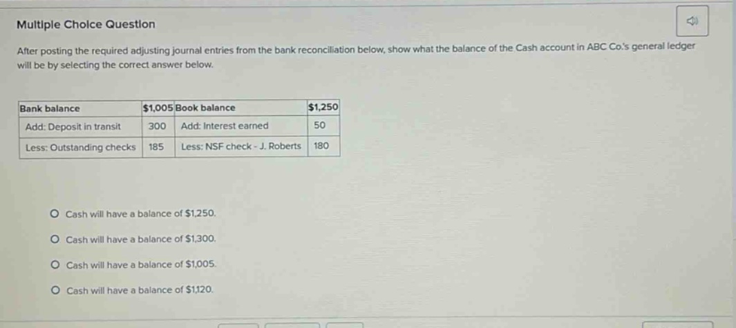 multiple choice question after posting the required adjusting journal entries from the bank reconciliation below, show what the balance of the cash account in abc co.s general ledger will be by selecting the correct answer below. bank balance $1,005 book balance $1,250 add: deposit in transit 300 add: interest earned 50 less: outstanding checks 185 less: nsf check - j. roberts 180 cash will have a balance of $1,250. cash will have a balance of $1,300. cash will have a balance of $1,005. cash will have a balance of $1,120.