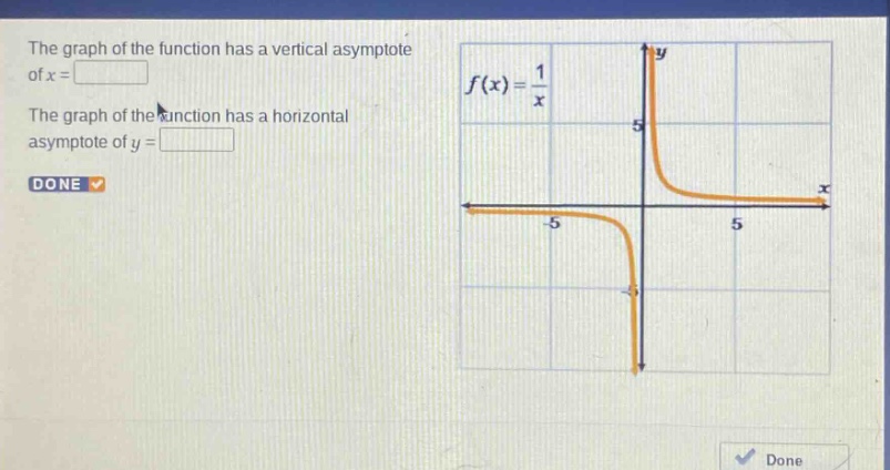 the graph of the function has a vertical asymptote of x = the graph of the function has a horizontal asymptote of y = done