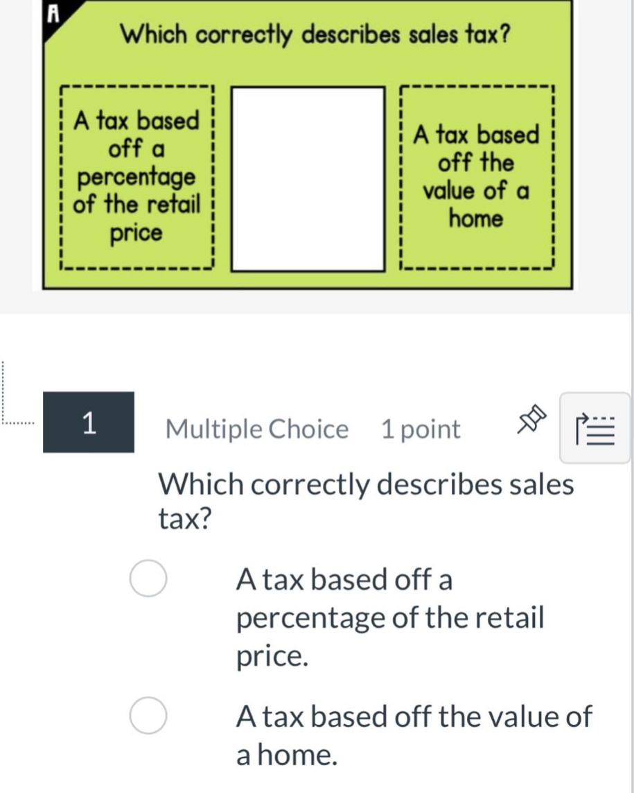 which correctly describes sales tax? a tax based off a percentage of the retail price. a tax based off the value of a home. multiple choice 1 point which correctly describes sales tax? a tax based off a percentage of the retail price. a tax based off the value of a home.
