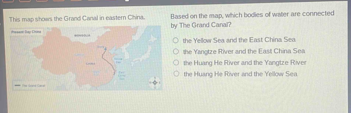 this map shows the grand canal in eastern china. based on the map, which bodies of water are connected by the grand canal? the yellow sea and the east china sea the yangtze river and the east china sea the huang he river and the yangtze river the huang he river and the yellow sea