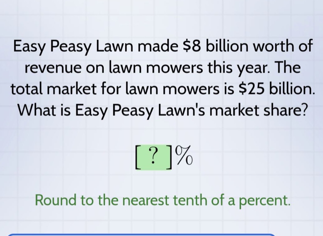 easy peasy lawn made $8 billion worth of revenue on lawn mowers this year. the total market for lawn mowers is $25 billion. what is easy peasy lawns market share? ?% round to the nearest tenth of a percent.