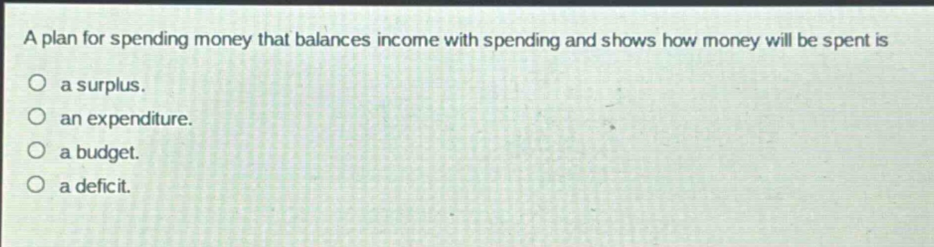 a plan for spending money that balances income with spending and shows how money will be spent is a surplus. an expenditure. a budget. a deficit.
