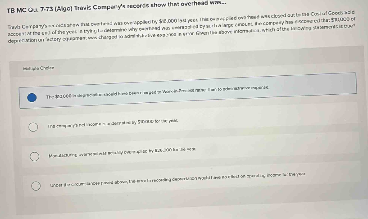tb mc qu. 7 - 73 (algo) travis companys records show that overhead was... travis companys records show that overhead was overapplied by $16,000 last year. this overapplied overhead was closed out to the cost of goods sold account at the end of the year. in trying to determine why overhead was overapplied by such a large amount, the company has discovered that $10,000 of depreciation on factory equipment was charged to administrative expense in error. given the above information, which of the following statements is true? multiple choice the $10,000 in depreciation should have been charged to work - in - process rather than to administrative expense. the companys net income is understated by $10,000 for the year. manufacturing overhead was actually overapplied by $26,000 for the year. under the circumstances posed above, the error in recording depreciation would have no effect on operating income for the year.