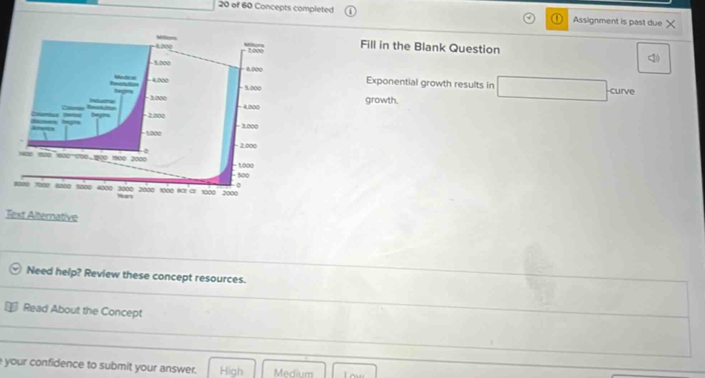 20 of 60 concepts completed assignment is past due fill in the blank question exponential growth results in -curve growth. need help? review these concept resources. read about the concept your confidence to submit your answer. high medium low