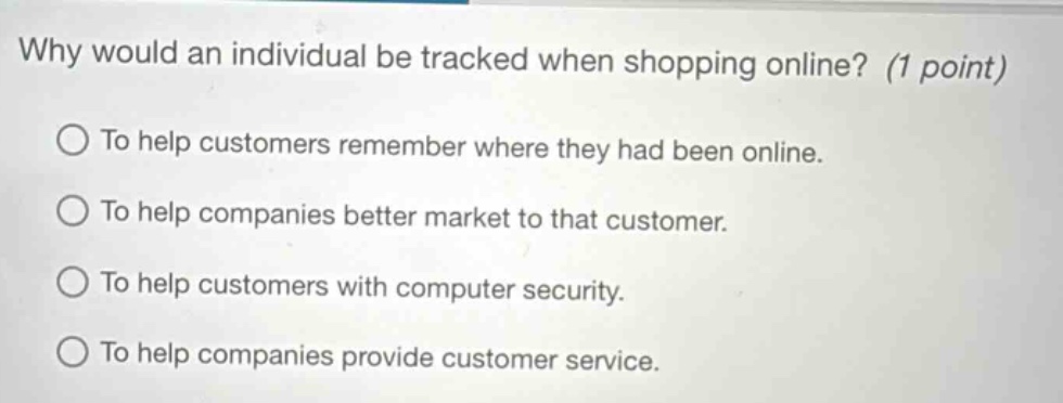 why would an individual be tracked when shopping online? (1 point) to help customers remember where they had been online. to help companies better market to that customer. to help customers with computer security. to help companies provide customer service.