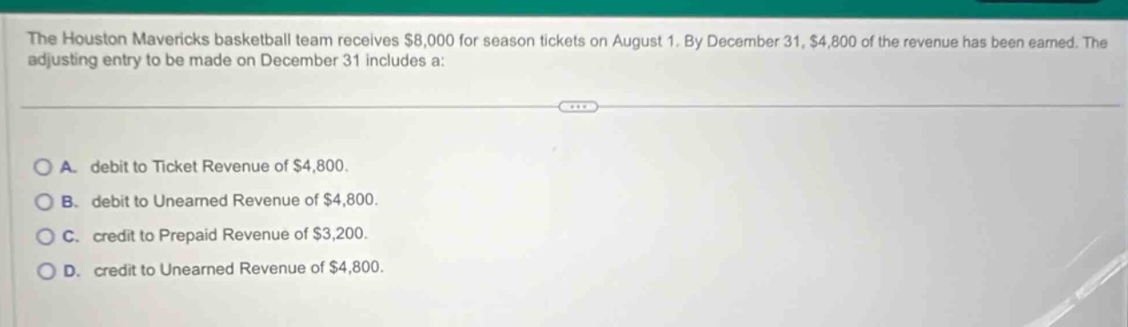 the houston mavericks basketball team receives $8,000 for season tickets on august 1. by december 31, $4,800 of the revenue has been earned. the adjusting entry to be made on december 31 includes a: \n\na. debit to ticket revenue of $4,800.\n\nb. debit to unearned revenue of $4,800.\n\nc. credit to prepaid revenue of $3,200.\n\nd. credit to unearned revenue of $4,800.