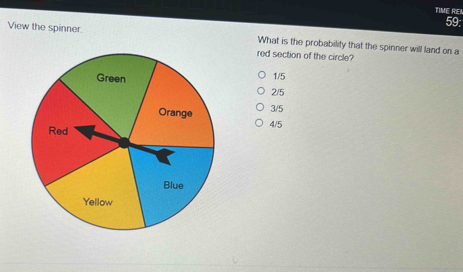 view the spinner. what is the probability that the spinner will land on a red section of the circle? 1/5 2/5 3/5 4/5