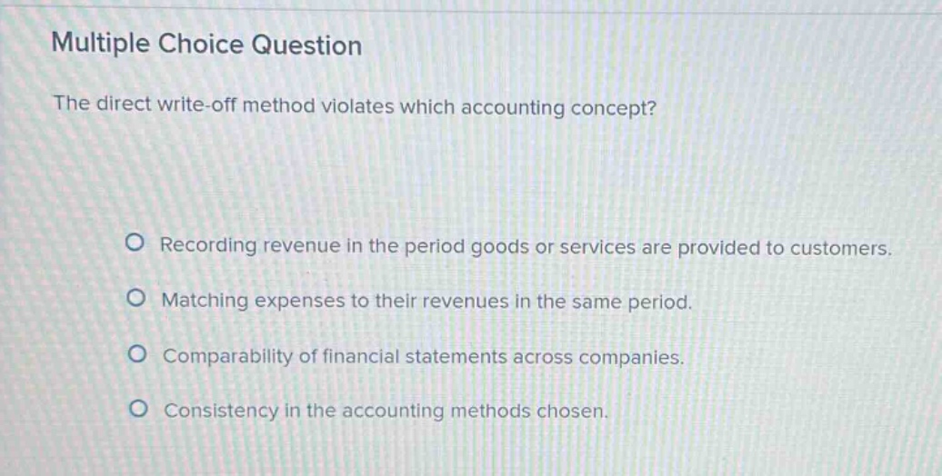 multiple choice question\nthe direct write - off method violates which accounting concept?\nrecording revenue in the period goods or services are provided to customers.\nmatching expenses to their revenues in the same period.\ncomparability of financial statements across companies.\nconsistency in the accounting methods chosen.