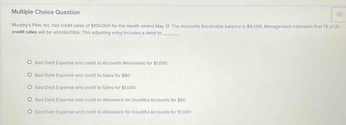 multiple choice question\nmurphys paw, inc. has credit sales of $100,000 for the month ended may 31. the accounts receivable balance is $8,000. management estimates that 1% of its credit sales will be uncollectible. this adjusting entry includes a debit to \n\nbad debt expense and credit to accounts receivable for $1,000\n\nbad debt expense and credit to sales for $80\n\nbad debt expense and credit to sales for $1,000\n\nbad debt expense and credit to allowance for doubtful accounts for $80\n\nbad debt expense and credit to allowance for doubtful accounts for $1,000