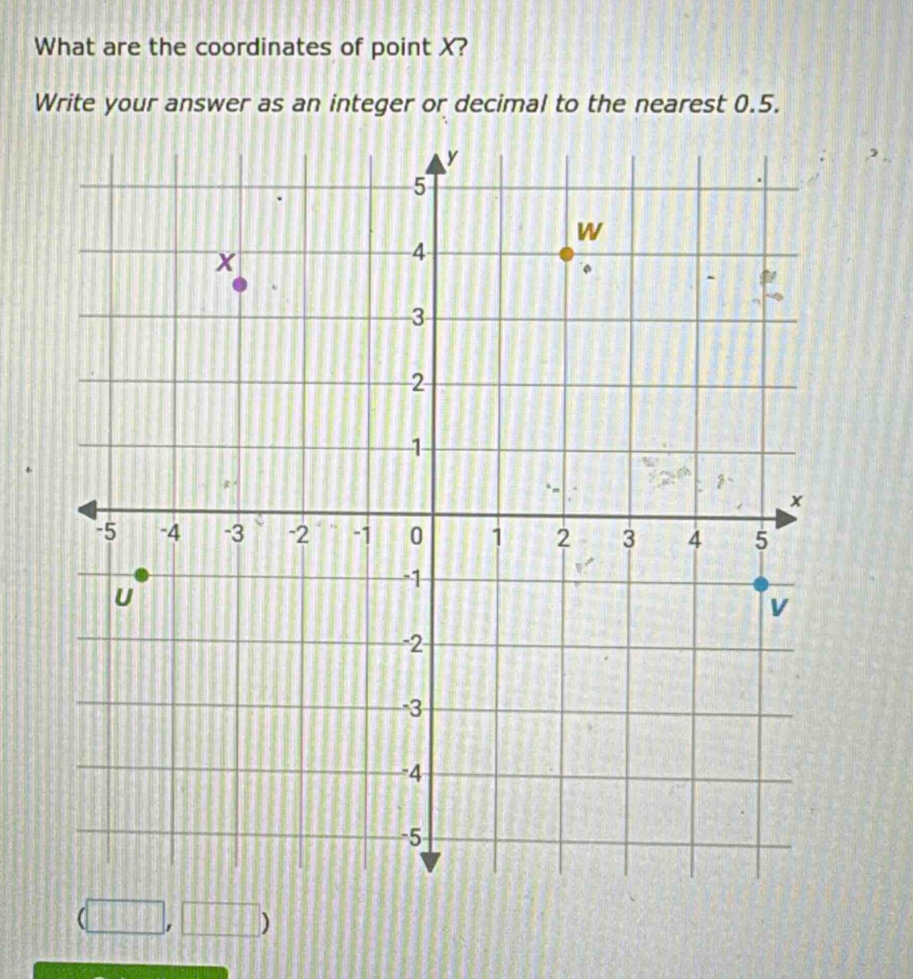 what are the coordinates of point x? write your answer as an integer or decimal to the nearest 0.5.