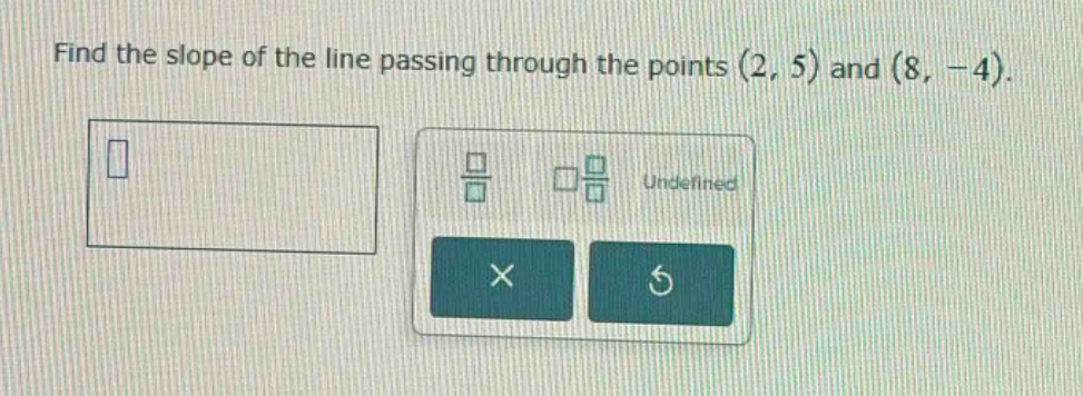 find the slope of the line passing through the points (2, 5) and (8, -4).