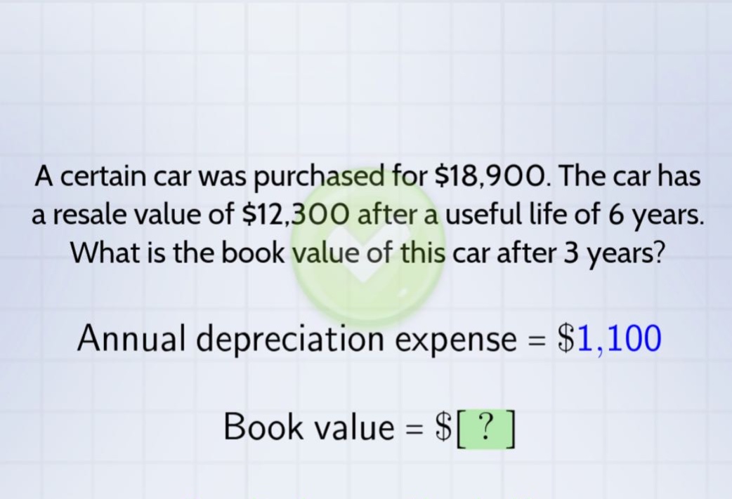 a certain car was purchased for $18,900. the car has a resale value of $12,300 after a useful life of 6 years. what is the book value of this car after 3 years? annual depreciation expense = $1,100 book value = $?