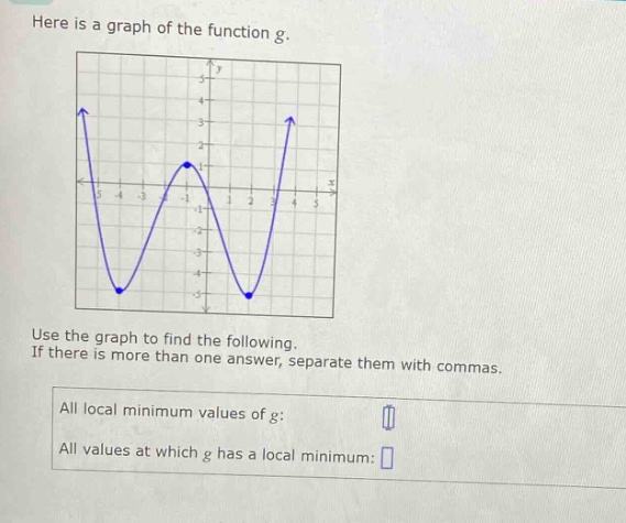 here is a graph of the function g. use the graph to find the following. if there is more than one answer, separate them with commas. all local minimum values of g: all values at which g has a local minimum: