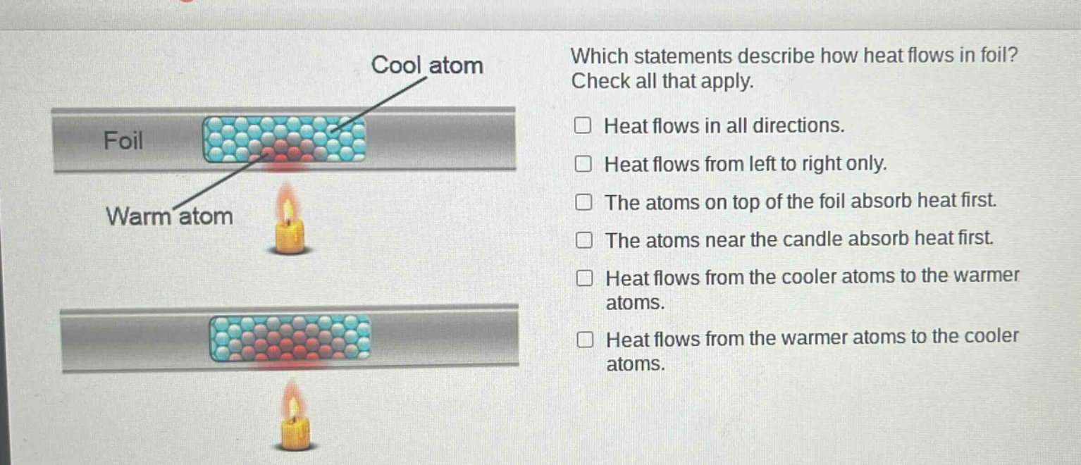 which statements describe how heat flows in foil? check all that apply. heat flows in all directions. heat flows from left to right only. the atoms on top of the foil absorb heat first. the atoms near the candle absorb heat first. heat flows from the cooler atoms to the warmer atoms. heat flows from the warmer atoms to the cooler atoms.