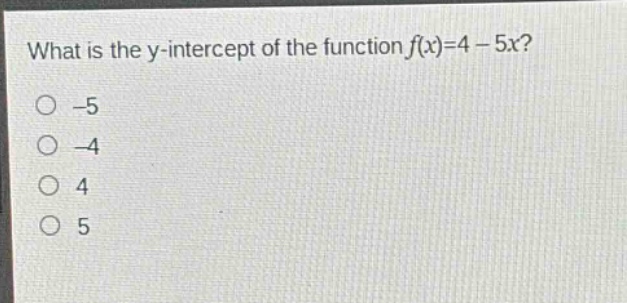 what is the y - intercept of the function f(x)=4 - 5x?\n-5\n-4\n4\n5