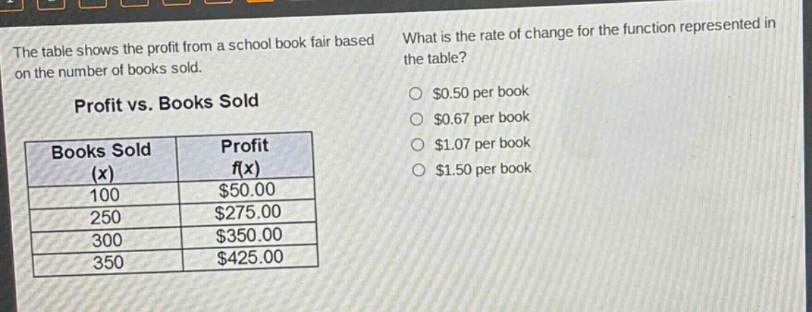 the table shows the profit from a school book fair based on the number of books sold. profit vs. books sold books sold (x) profit f(x) 100 $50.00 250 $275.00 300 $350.00 350 $425.00 what is the rate of change for the function represented in the table? $0.50 per book $0.67 per book $1.07 per book $1.50 per book