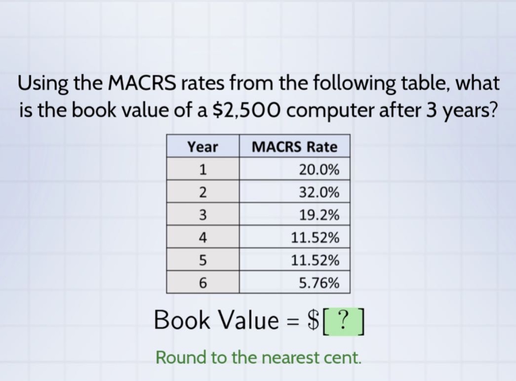 using the macrs rates from the following table, what is the book value of a $2,500 computer after 3 years? year macrs rate 1 20.0% 2 32.0% 3 19.2% 4 11.52% 5 11.52% 6 5.76% book value = $? round to the nearest cent.