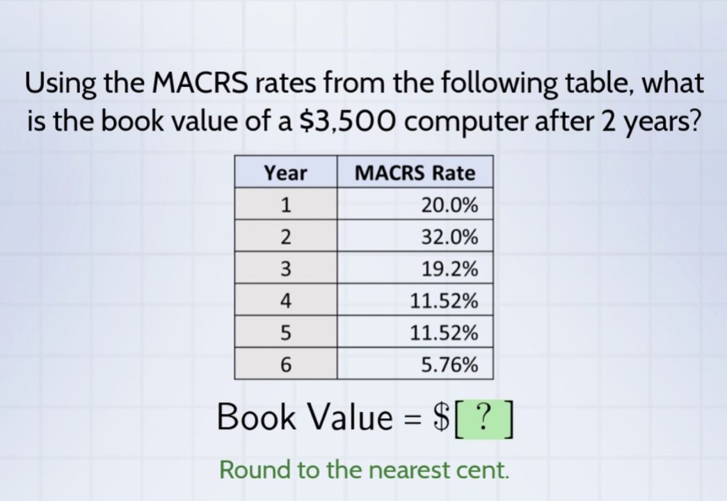 using the macrs rates from the following table, what is the book value of a $3,500 computer after 2 years? year macrs rate 1 20.0% 2 32.0% 3 19.2% 4 11.52% 5 11.52% 6 5.76% book value = $? round to the nearest cent.