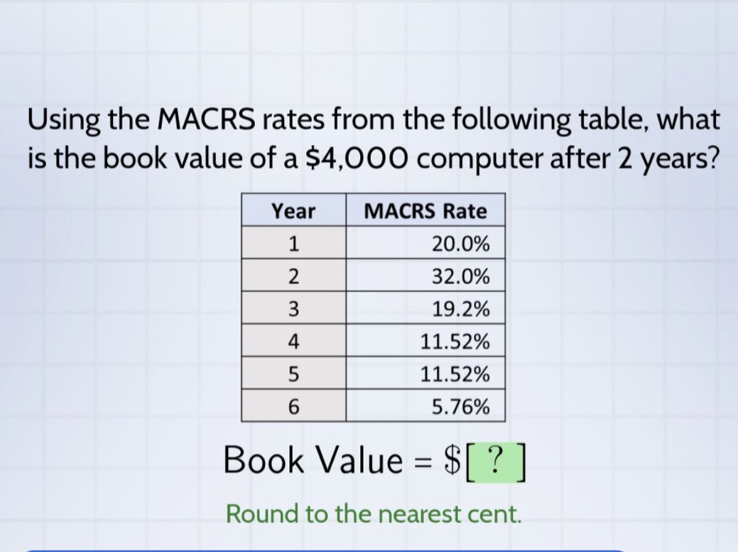 using the macrs rates from the following table, what is the book value of a $4,000 computer after 2 years? year macrs rate 1 20.0% 2 32.0% 3 19.2% 4 11.52% 5 11.52% 6 5.76% book value = $? round to the nearest cent.