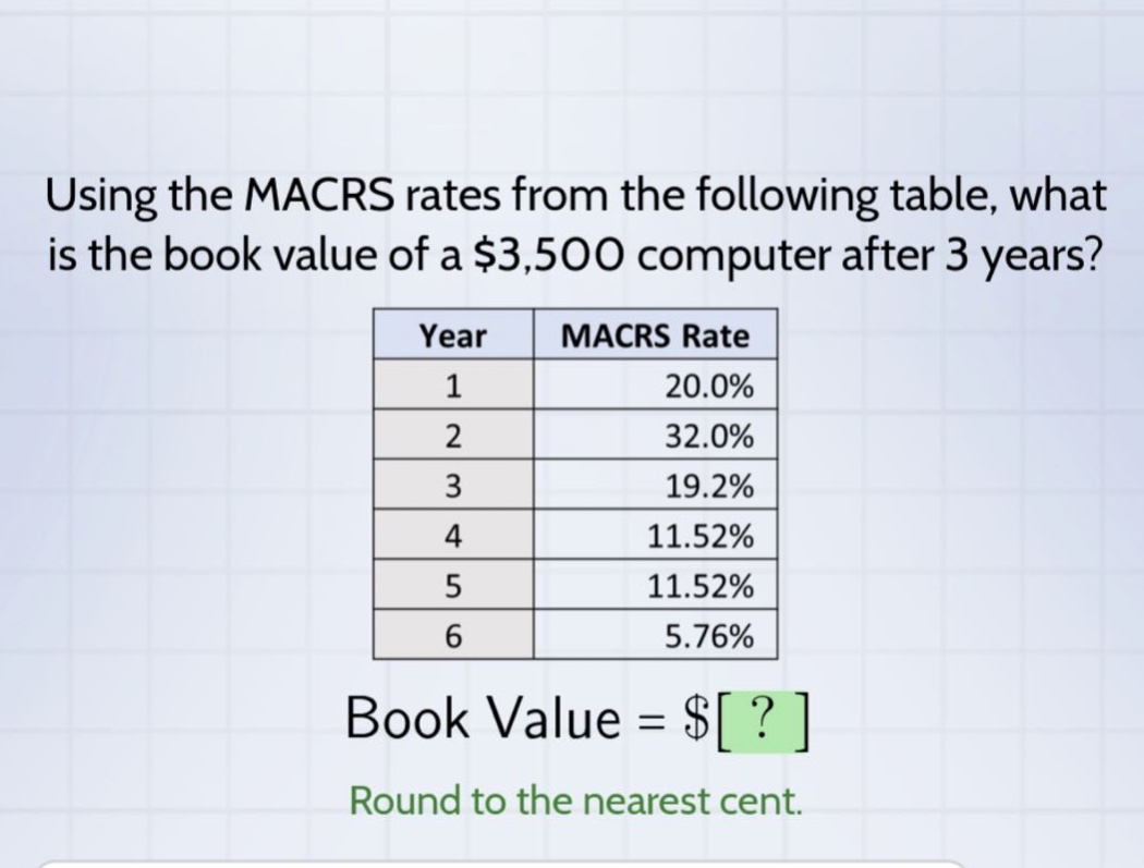 using the macrs rates from the following table, what is the book value of a $3,500 computer after 3 years? year macrs rate 1 20.0% 2 32.0% 3 19.2% 4 11.52% 5 11.52% 6 5.76% book value = $? round to the nearest cent.