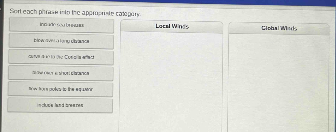 sort each phrase into the appropriate category. include sea breezes blow over a long distance curve due to the coriolis effect blow over a short distance flow from poles to the equator include land breezes local winds global winds