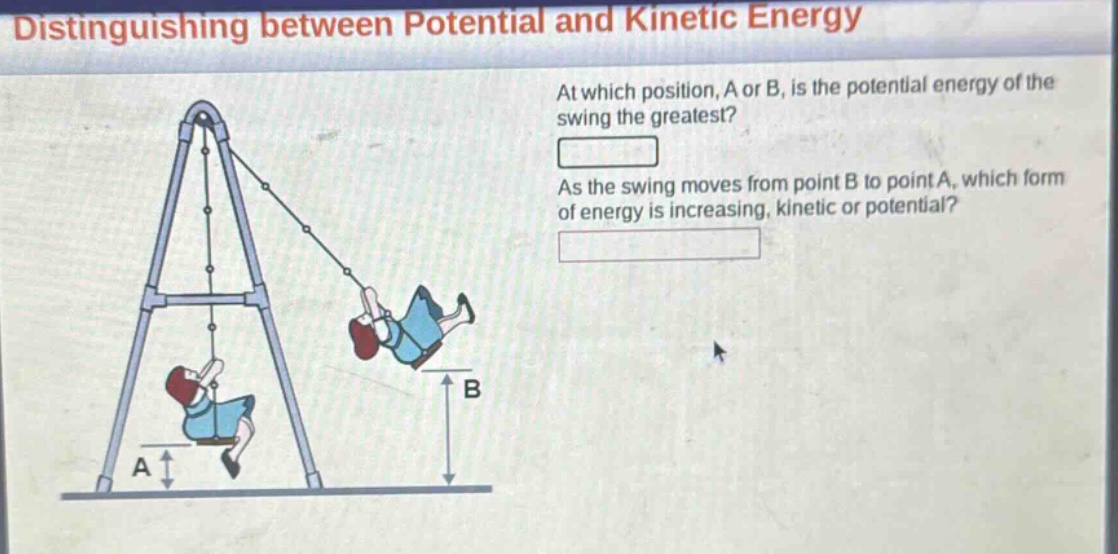 distinguishing between potential and kinetic energy\nat which position, a or b, is the potential energy of the swing the greatest?\nas the swing moves from point b to point a, which form of energy is increasing, kinetic or potential?