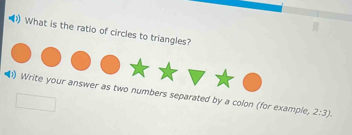 what is the ratio of circles to triangles? write your answer as two numbers separated by a colon (for example, 2:3).