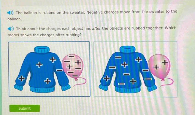 the balloon is rubbed on the sweater. negative charges move from the sweater to the balloon. think about the charges each object has after the objects are rubbed together. which model shows the charges after rubbing?