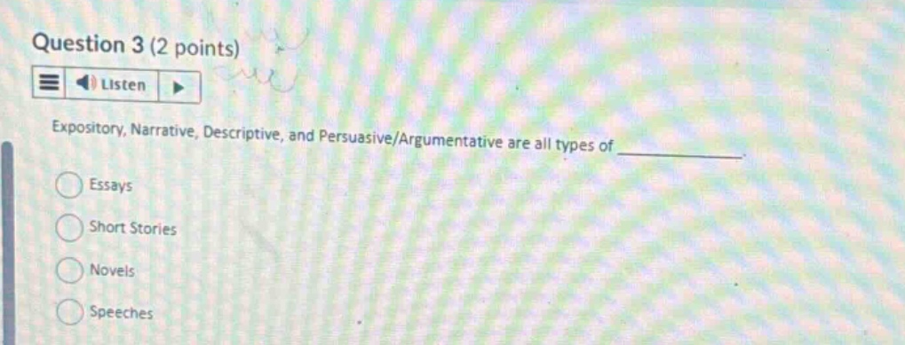 question 3 (2 points) listen expository, narrative, descriptive, and persuasive/argumentative are all types of_______. essays short stories novels speeches