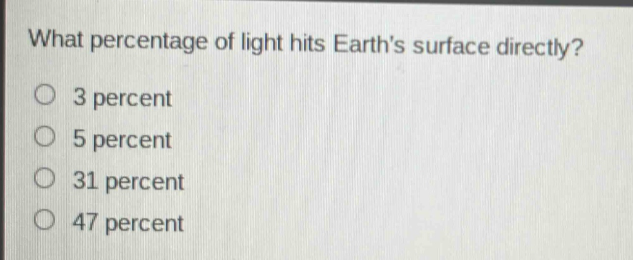 what percentage of light hits earths surface directly?\n3 percent\n5 percent\n31 percent\n47 percent