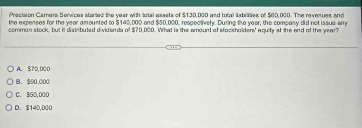 precision camera services started the year with total assets of $130,000 and total liabilities of $60,000. the revenues and the expenses for the year amounted to $140,000 and $50,000, respectively. during the year, the company did not issue any common stock, but it distributed dividends of $70,000. what is the amount of stockholders equity at the end of the year?\n\na. $70,000\nb. $90,000\nc. $50,000\nd. $140,000