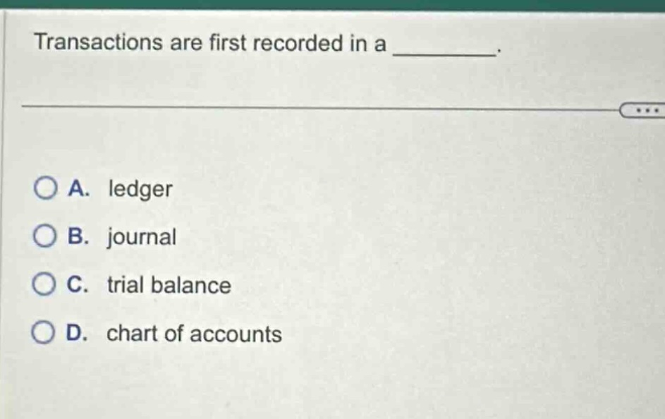 transactions are first recorded in a _________. a. ledger b. journal c. trial balance d. chart of accounts