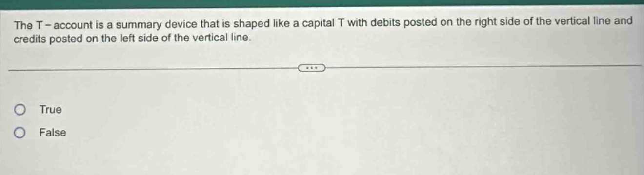 the t - account is a summary device that is shaped like a capital t with debits posted on the right side of the vertical line and credits posted on the left side of the vertical line. true false