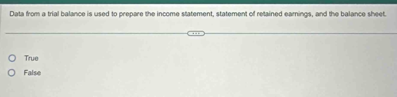 data from a trial balance is used to prepare the income statement, statement of retained earnings, and the balance sheet. true false