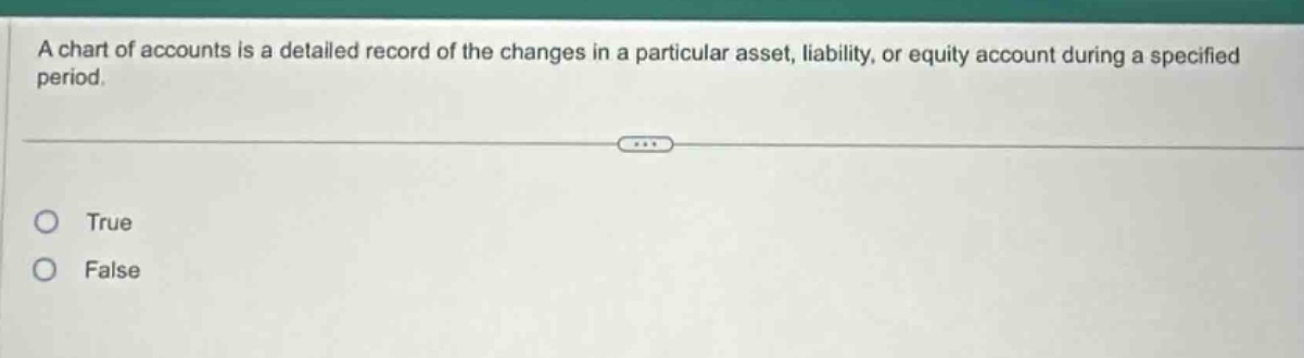 a chart of accounts is a detailed record of the changes in a particular asset, liability, or equity account during a specified period. true false
