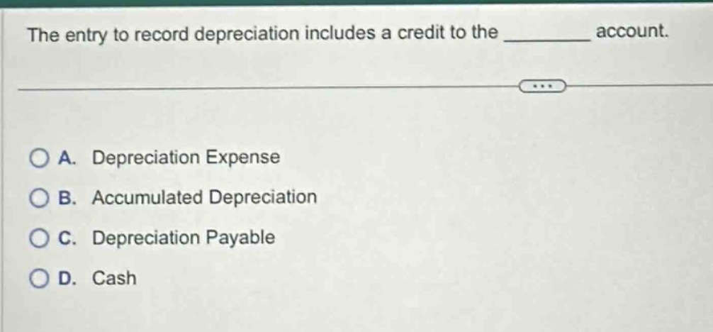 the entry to record depreciation includes a credit to the ________ account. a. depreciation expense b. accumulated depreciation c. depreciation payable d. cash